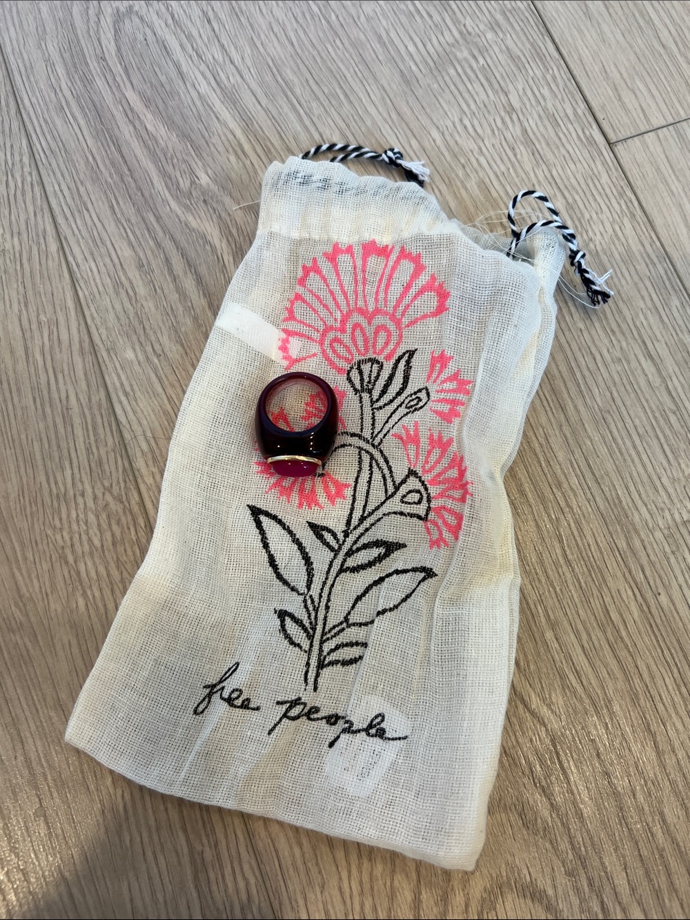 Free People Cream Drawstring Floral Pouch with Pink Flowers